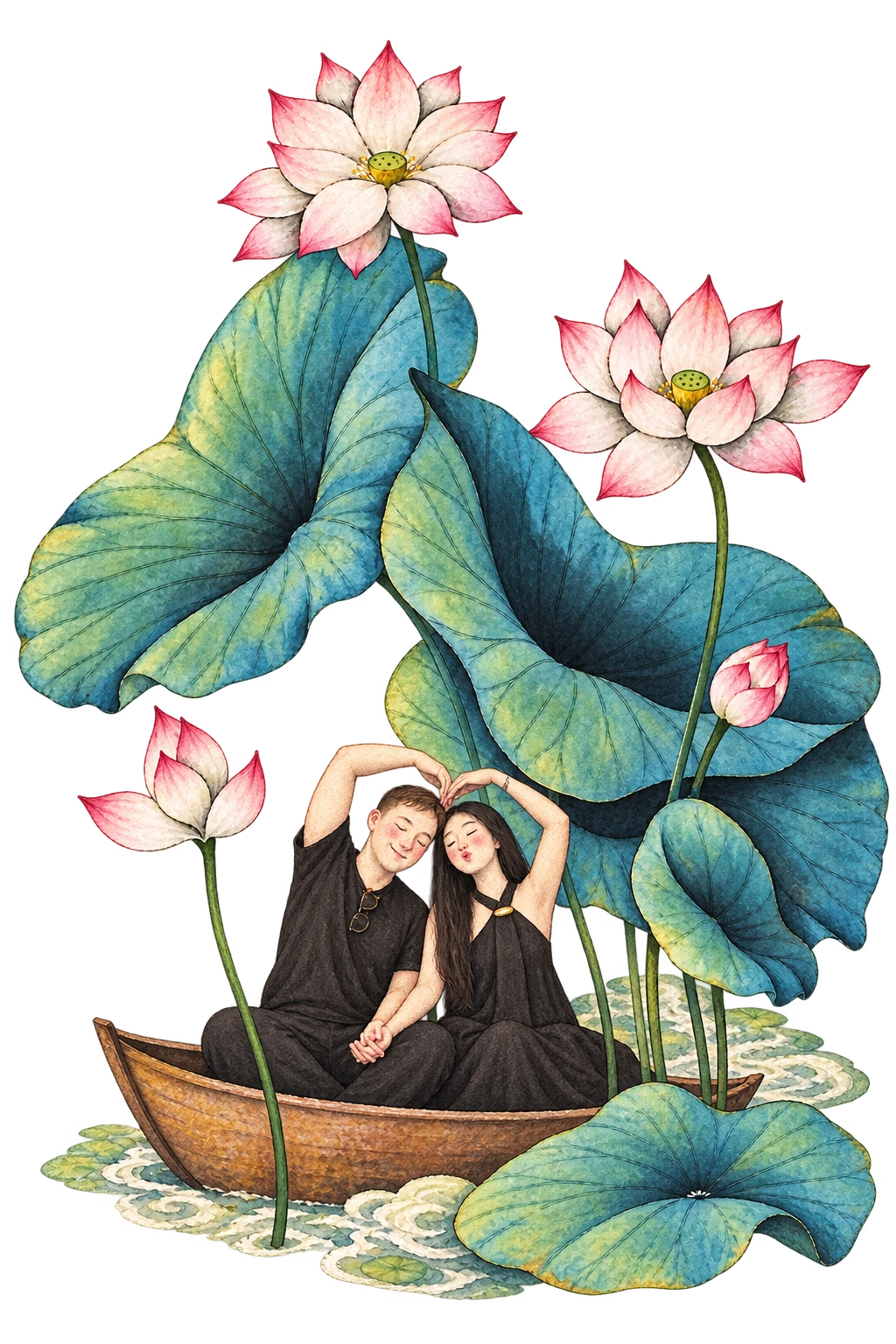 Watercolour Zach and Xuan seated together in a wooden boat, holding hands and making a heart with their arms beneath blush lotus flowers and jade leaves